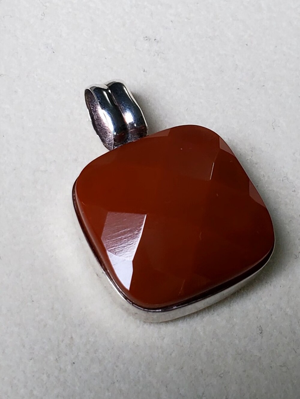 Vintage 925 Sterling Silver Faceted Carnelian Pendant | Square Bezel Set